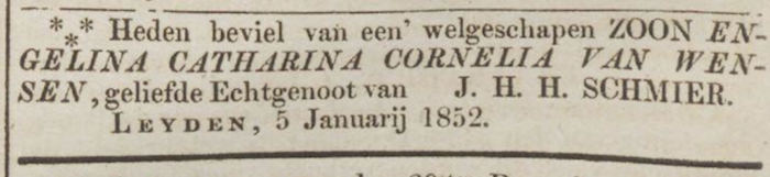 Geboorteadvertente Schmier Opregte Haarlemsche Courant 7-1-1852