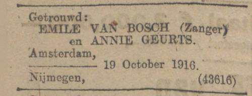 Huwelijk Emile van Bosch 19 oktober 1916